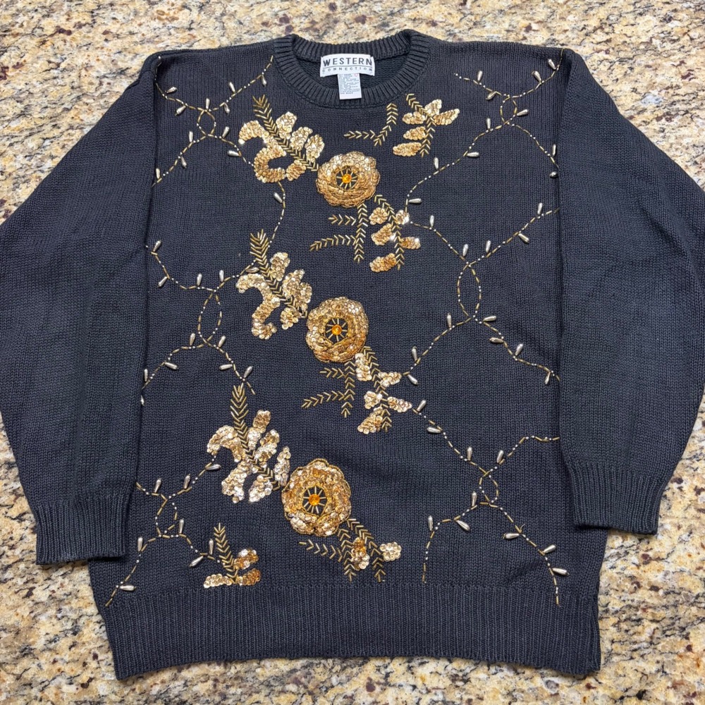 Western Connection Vintage Beaded Sequin Floral Sweater Black Gold Women Large